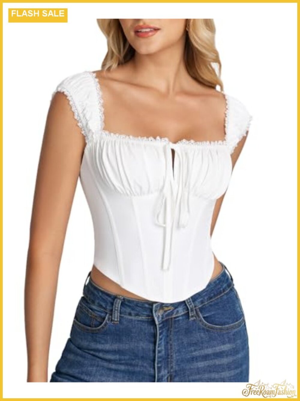 Women's Lace Up Corset Bustier Top Square Neck Cap Sleeve Party Crop Top